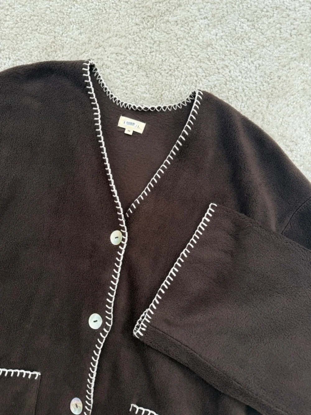 SOLD Donni Polar Fleece Brown Button-Front Contrast Stitch Cardigan XS - Picture 8 of 8